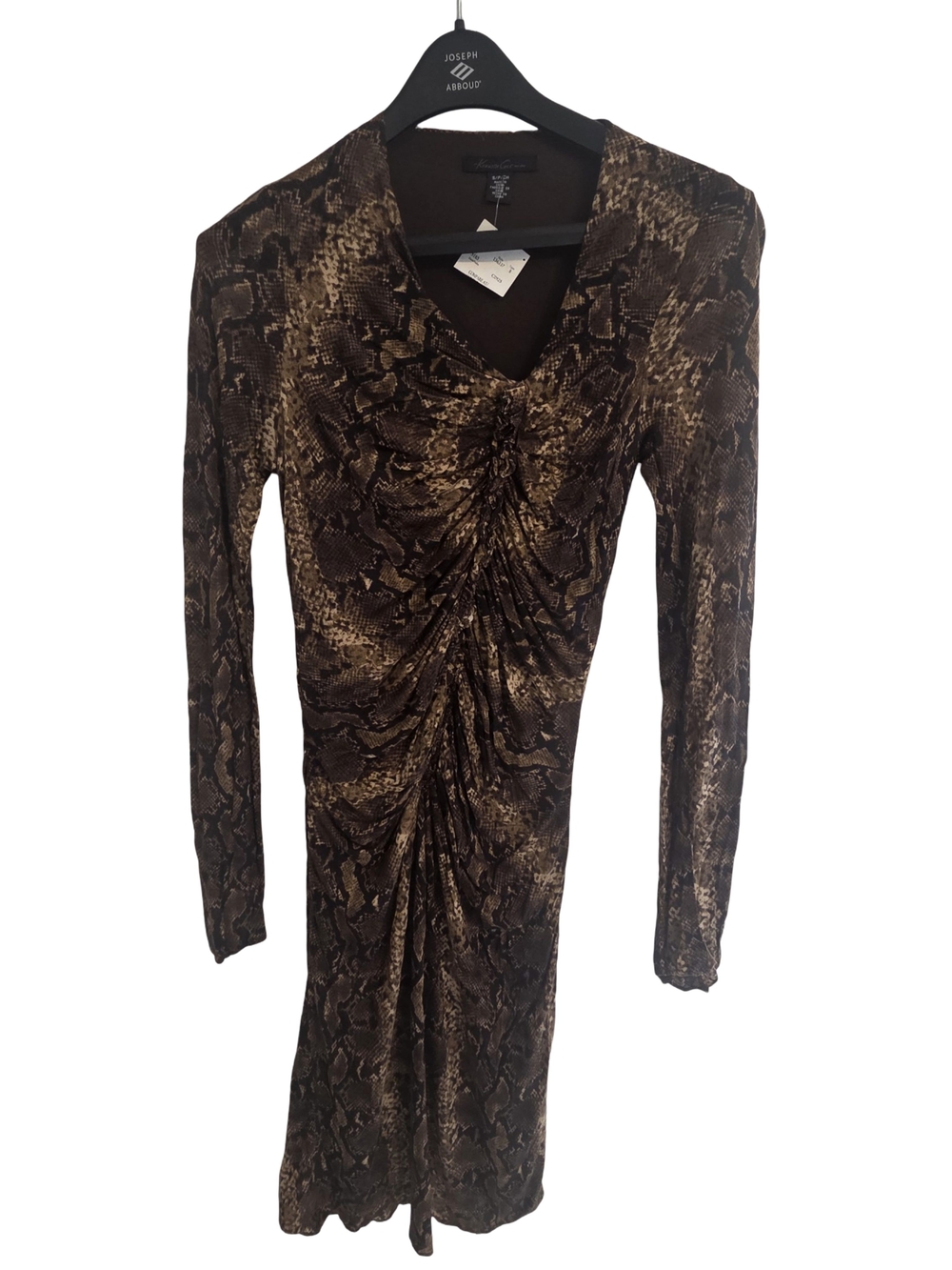 Kenneth Cole Brown Snake-Print Ruched V-Neck Long-Sleeve Dress